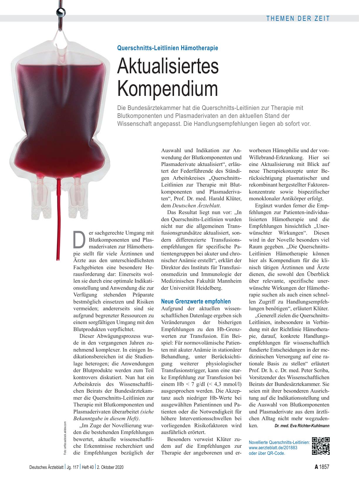 Vorschauseite 1: Querschnitts-Leitlinien Hämotherapie: Aktualisiertes Kompendium