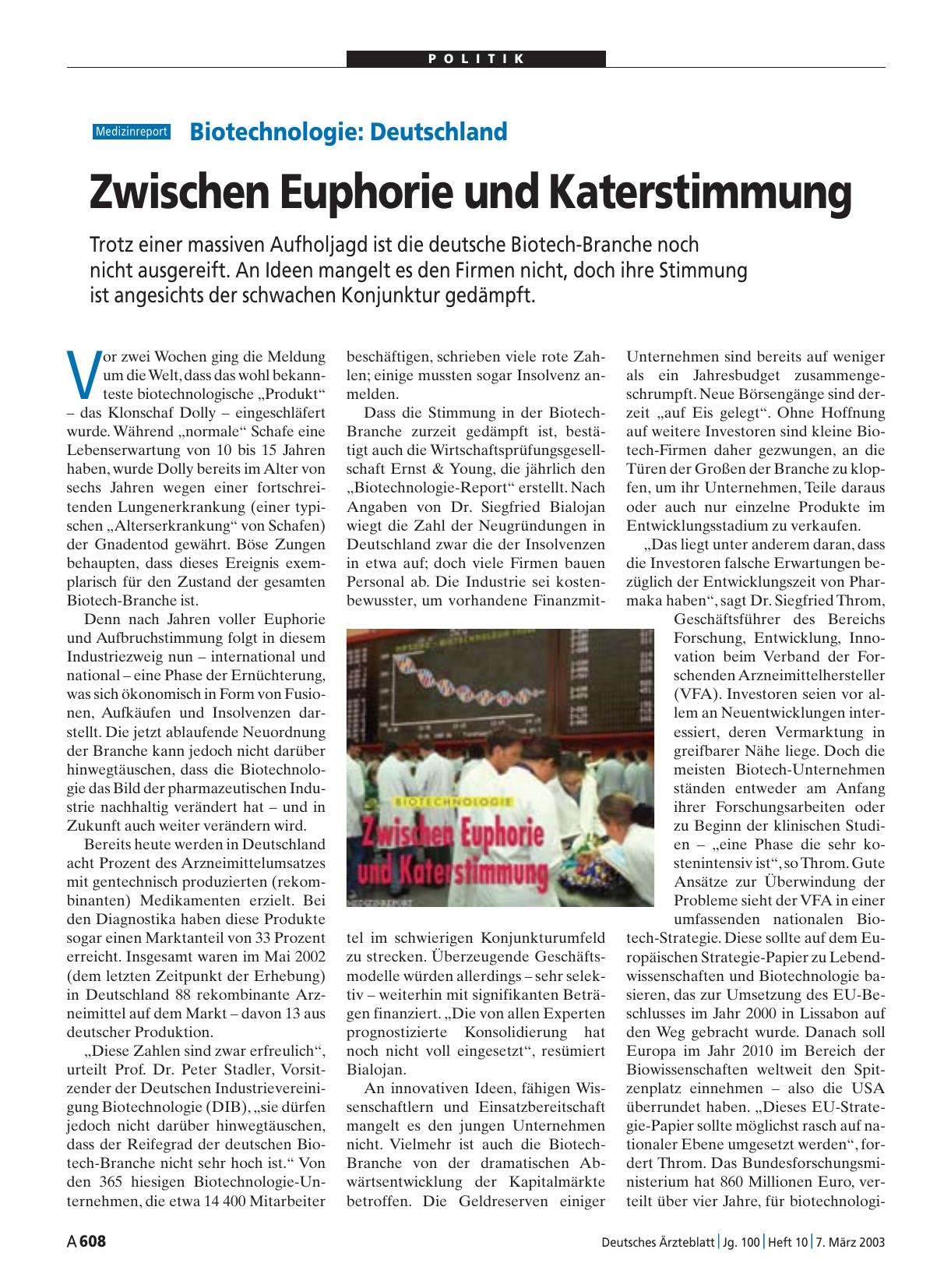 Vorschauseite 1: Biotechnologie – Deutschland: Zwischen Euphorie und Katerstimmung