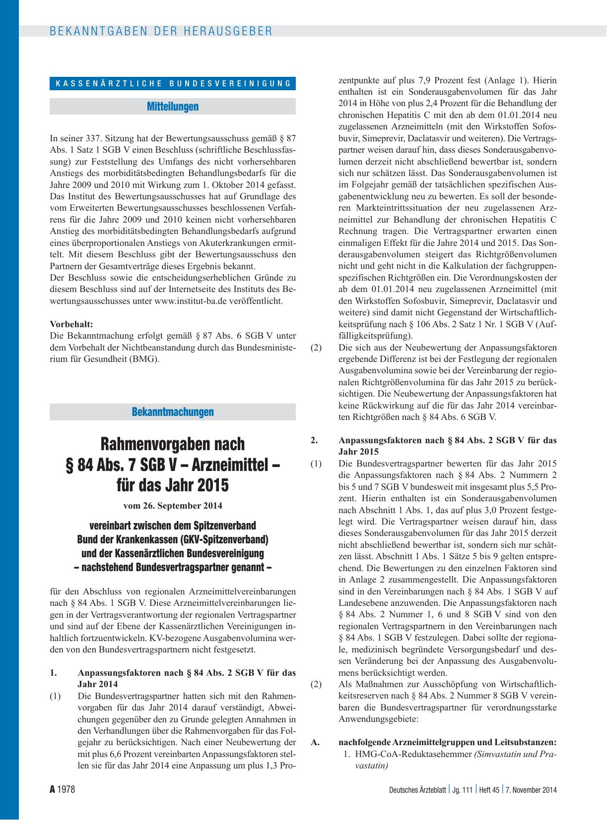 Vorschauseite 1: Rahmenvorgaben nach § 84 Abs. 7 SGB V – Arzneimittel – für das Jahr 2015 vereinbart zwischen dem Spitzenverband Bund der Krankenkassen (GKV-Spitzenverband) und der Kassenärztliche…
