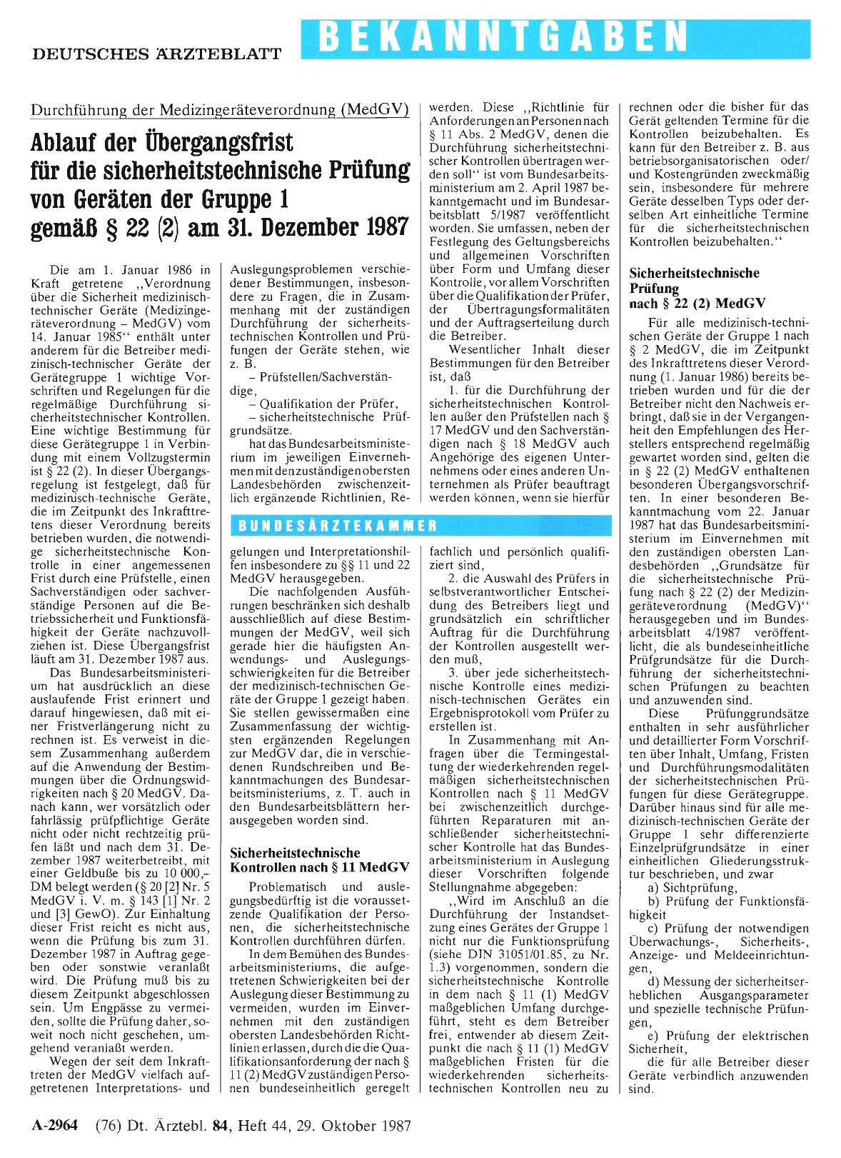 Vorschauseite 1: Durchführung der Medizingeräteverordnung (MedGV): Ablauf der Übergangsfrist für die sicherheitstechnische Prüfung von Geräten der Gruppe 1 gemäß § 22 (2) am 31. Dezember 1987