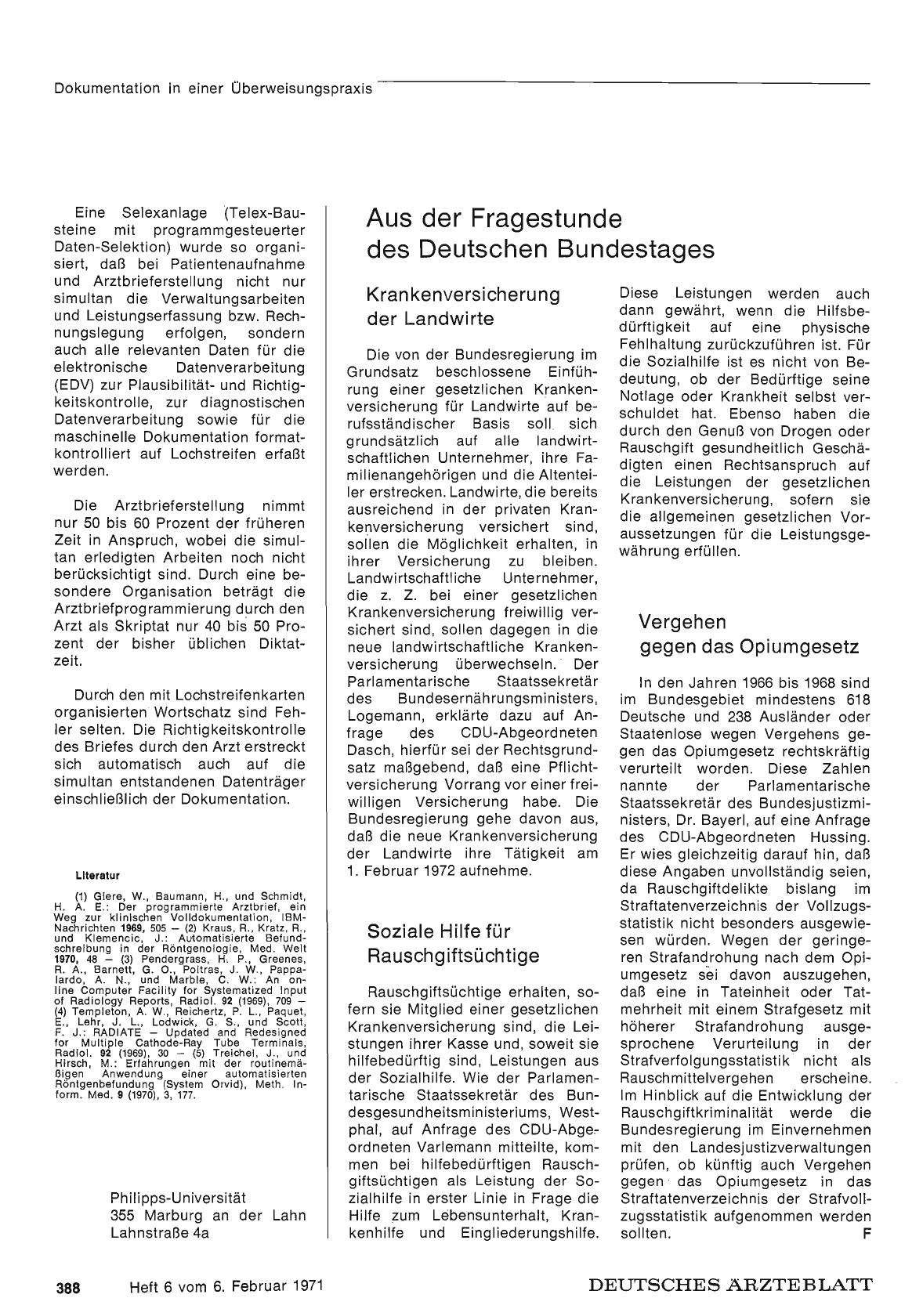 Vorschauseite 1: Aus der Fragestunde des Deutschen Bundestages: Krankenversicherung der Landwirte — Soziale Hilfe für Rauschgiftsüchtige