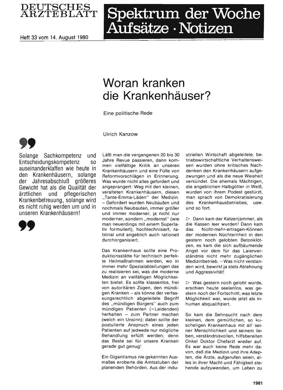 Vorschauseite 1: Woran kranken die Krankenhäuser? Eine politische Rede