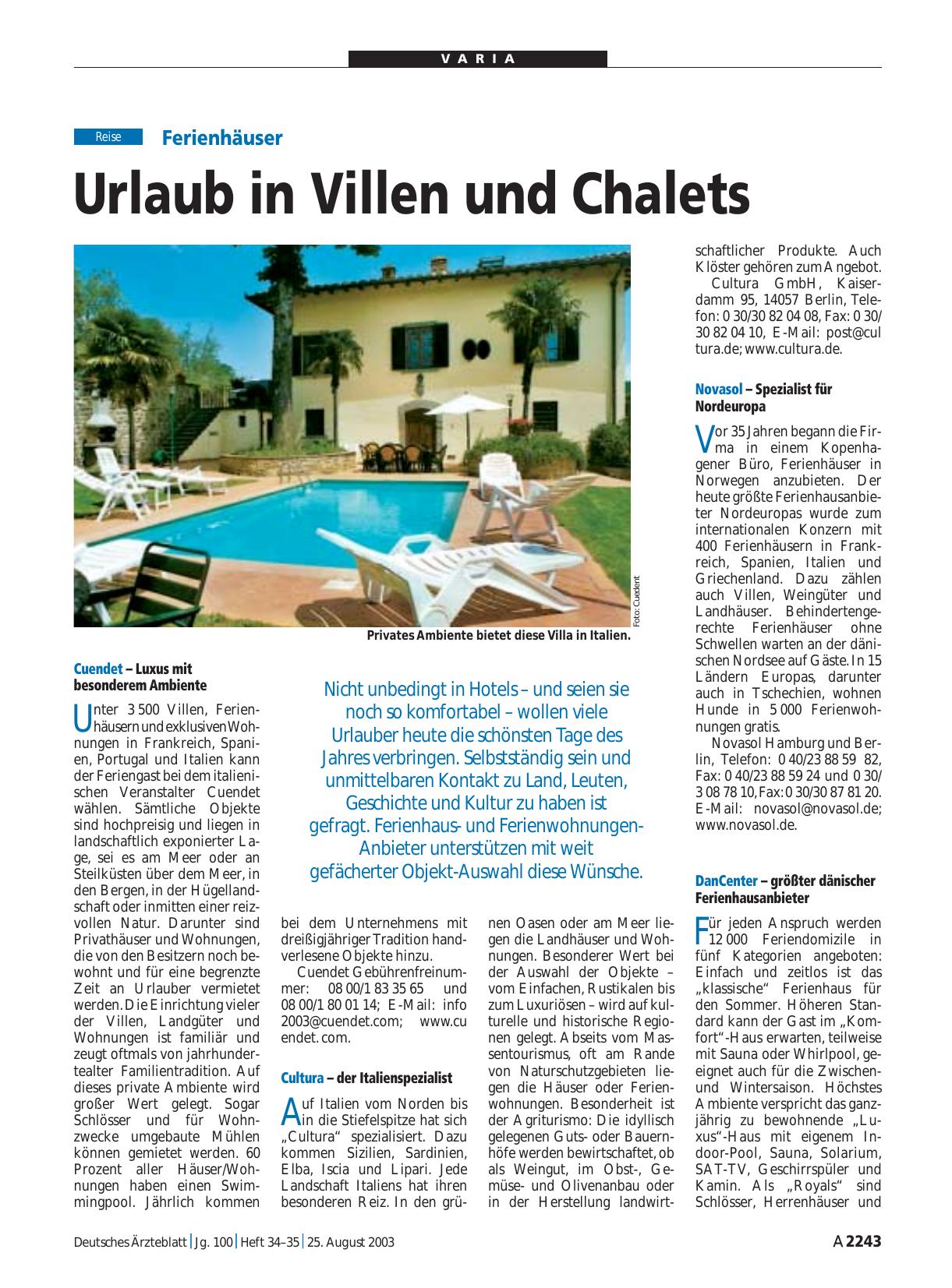 Vorschauseite 1: Ferienhäuser: Urlaub in Villen und Chalets