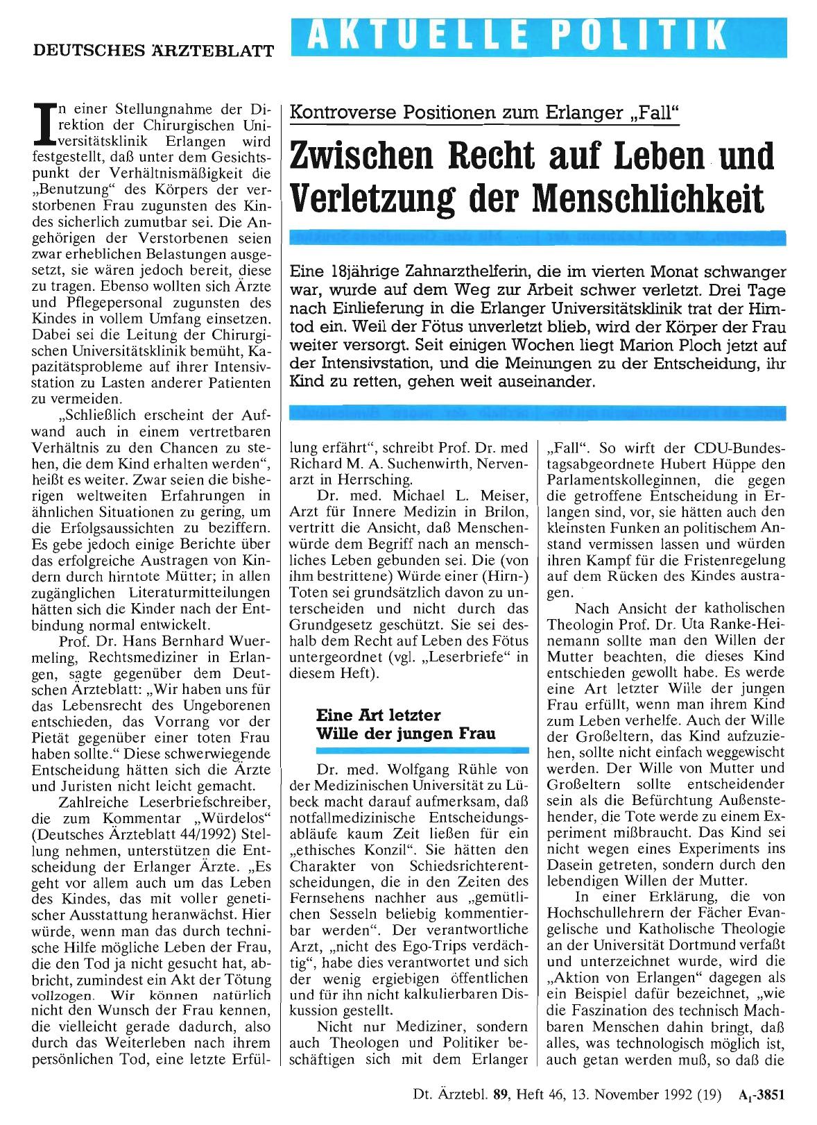Vorschauseite 1: Kontroverse Positionen zum Erlanger „Fall“: Zwischen Recht auf Leben und Verletzung der Menschlichkeit