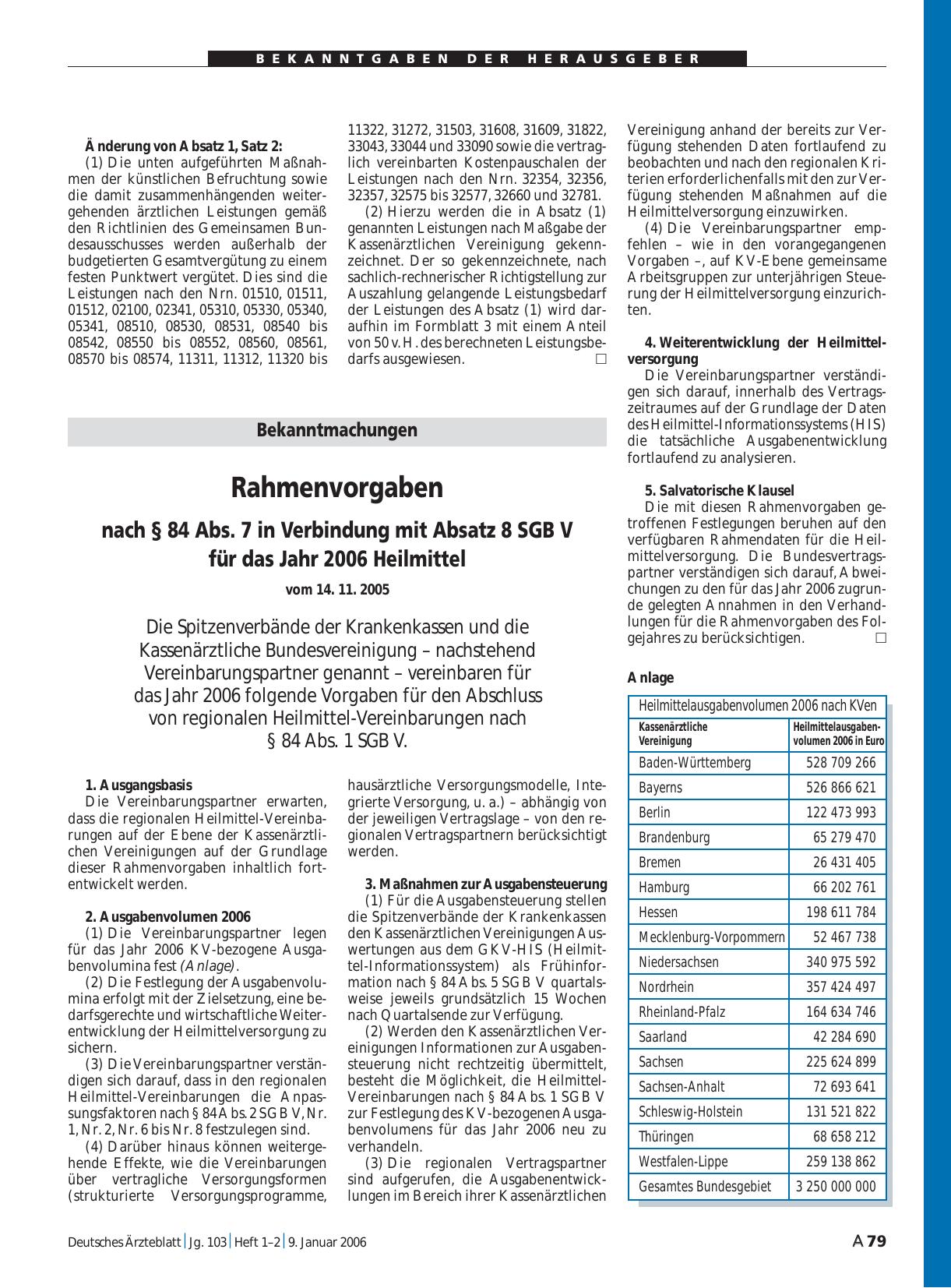 Vorschauseite 1: Bekanntmachungen: Rahmenvorgaben nach § 84 Abs. 7 in Verbindung mit Absatz 8 SGB V für das Jahr 2006 Heilmittel vom 14. 11. 2005