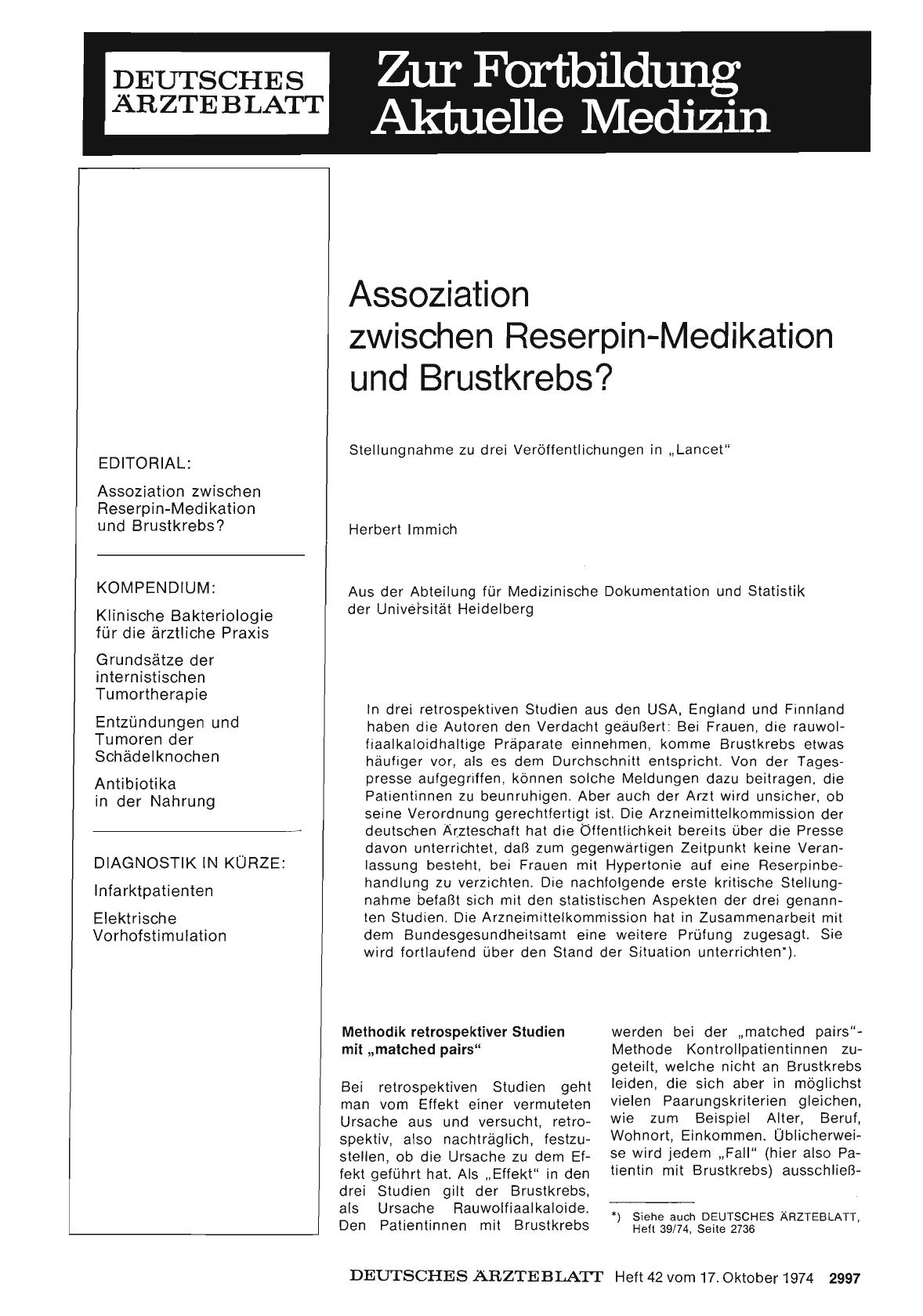 Vorschauseite 1: Assoziation zwischen Reserpin-Medikation und Brustkrebs?