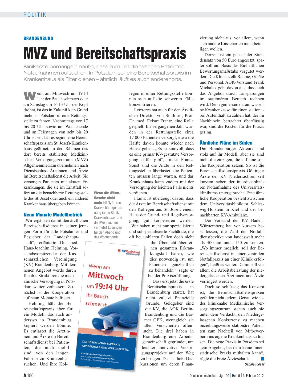 Vorschauseite 1: Brandenburg: MVZ und Bereitschaftspraxis
