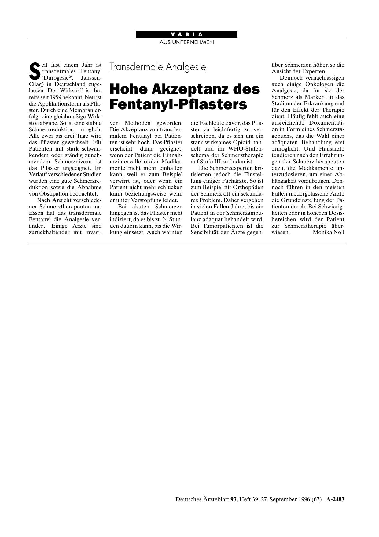 Vorschauseite 1: Transdermale Analgesie: Hohe Akzeptanz des Fentanyl-Pflasters