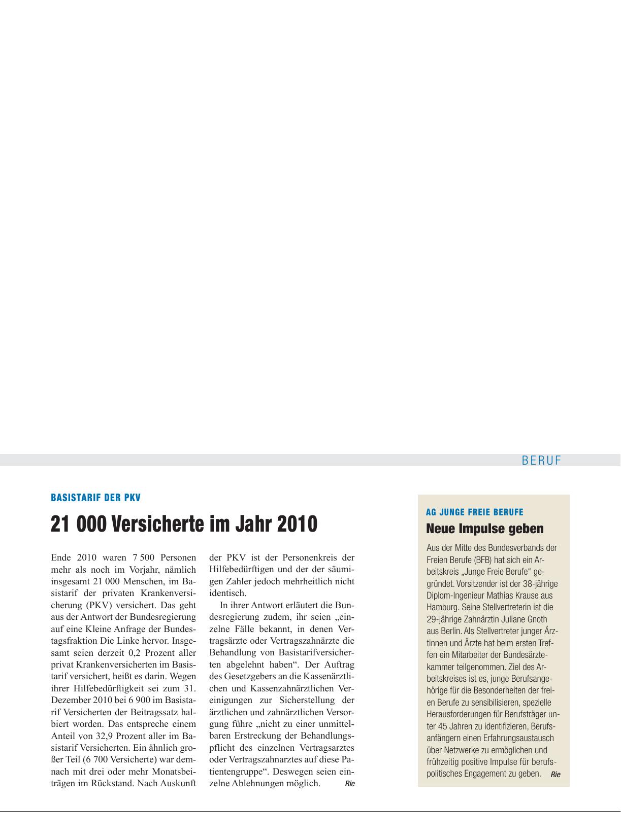 Vorschauseite 1: Basistarif der PKV: 21 000 Versicherte im Jahr 2010