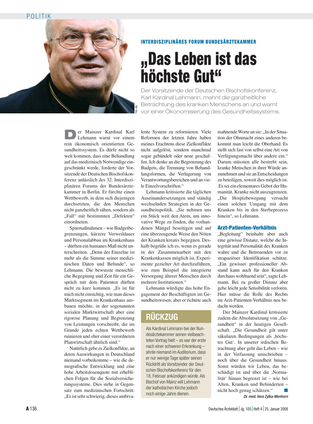 Vorschauseite 1: Interdisziplinäres Forum Bundesärztekammer: „Das Leben ist das höchste Gut“