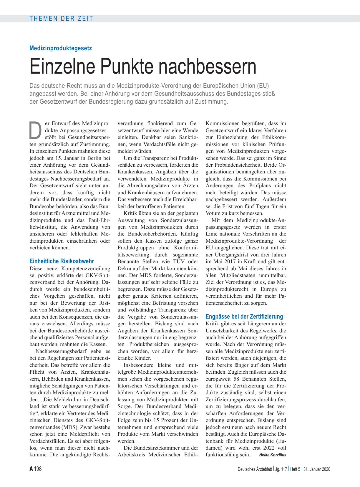 Vorschauseite 1: Medizinproduktegesetz: Einzelne Punkte nachbessern