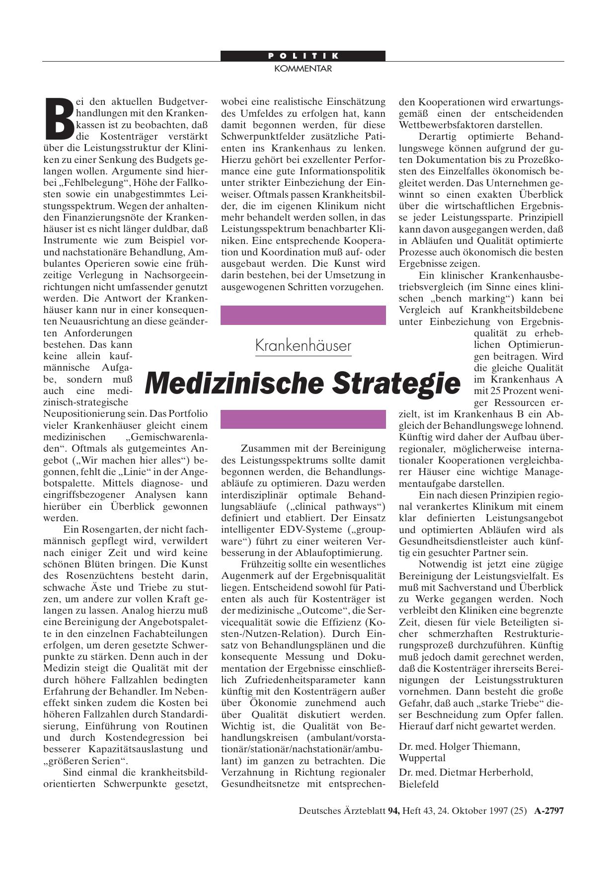 Vorschauseite 1: Krankenhäuser: Medizinische Strategie