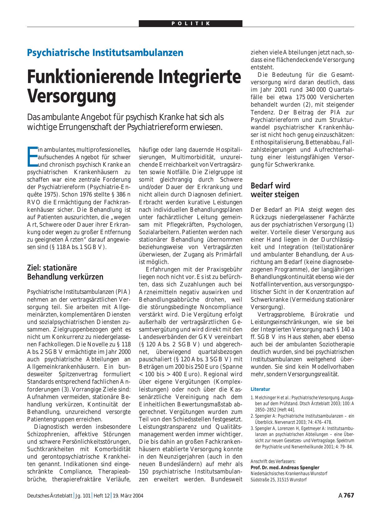Vorschauseite 1: Psychiatrische Institutsambulanzen: Funktionierende Integrierte Versorgung