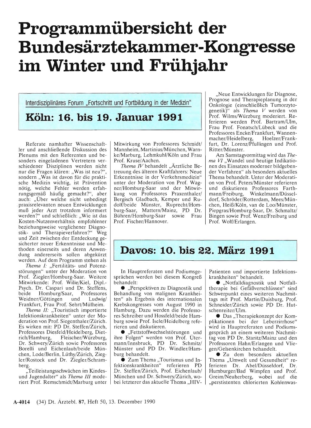 Vorschauseite 1: Programmübersicht der Bundesärztekammer-Kongresse im Winter und Frühjahr
