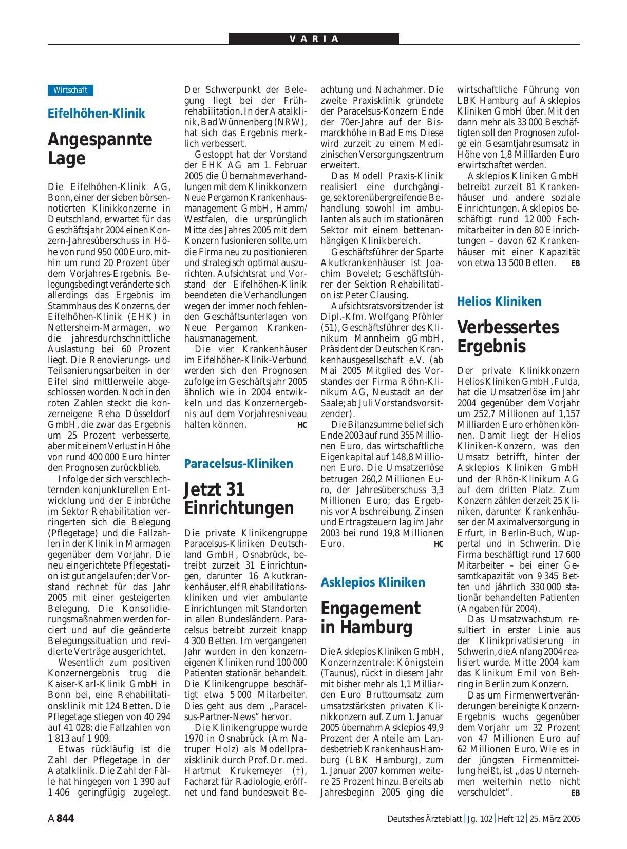 Vorschauseite 1: Eifelhöhen-Klinik: Angespannte Lage
