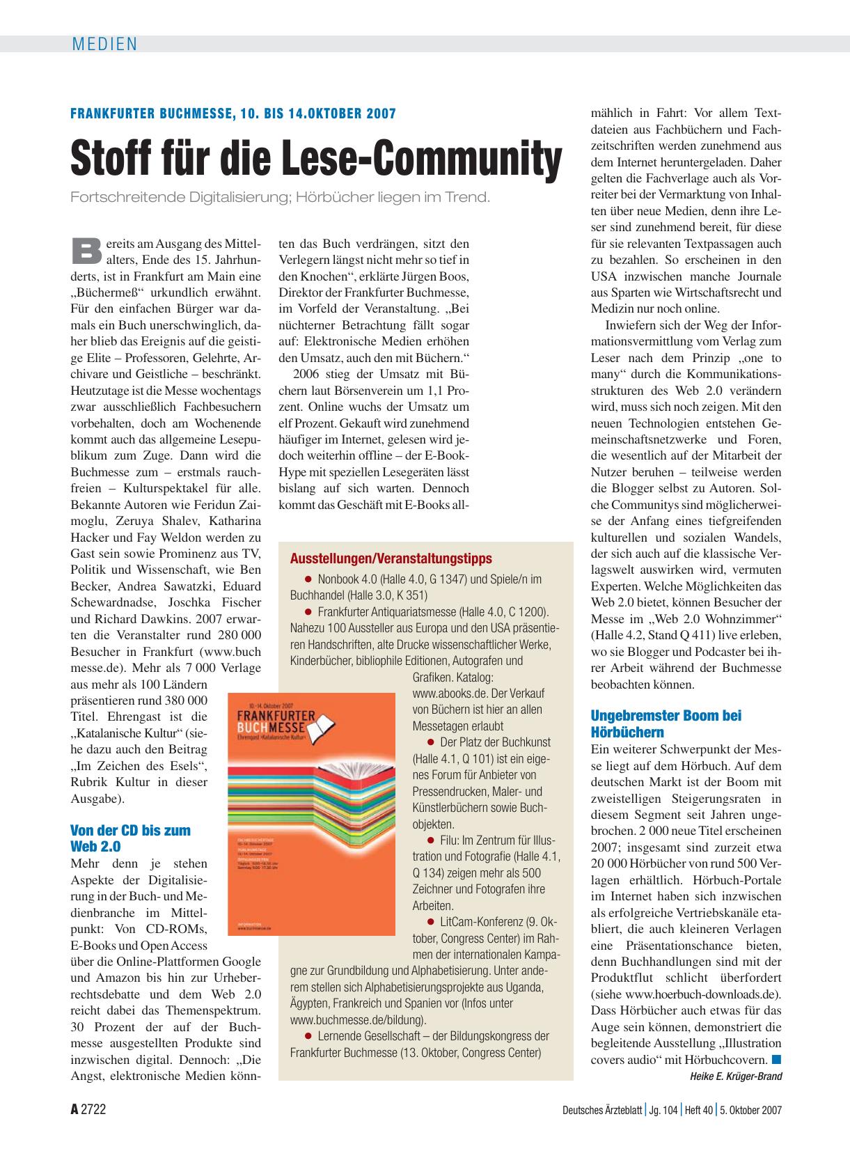 Vorschauseite 1: Frankfurter Buchmesse, 10. bis 14. Oktober 2007: Stoff für die Lese-Community