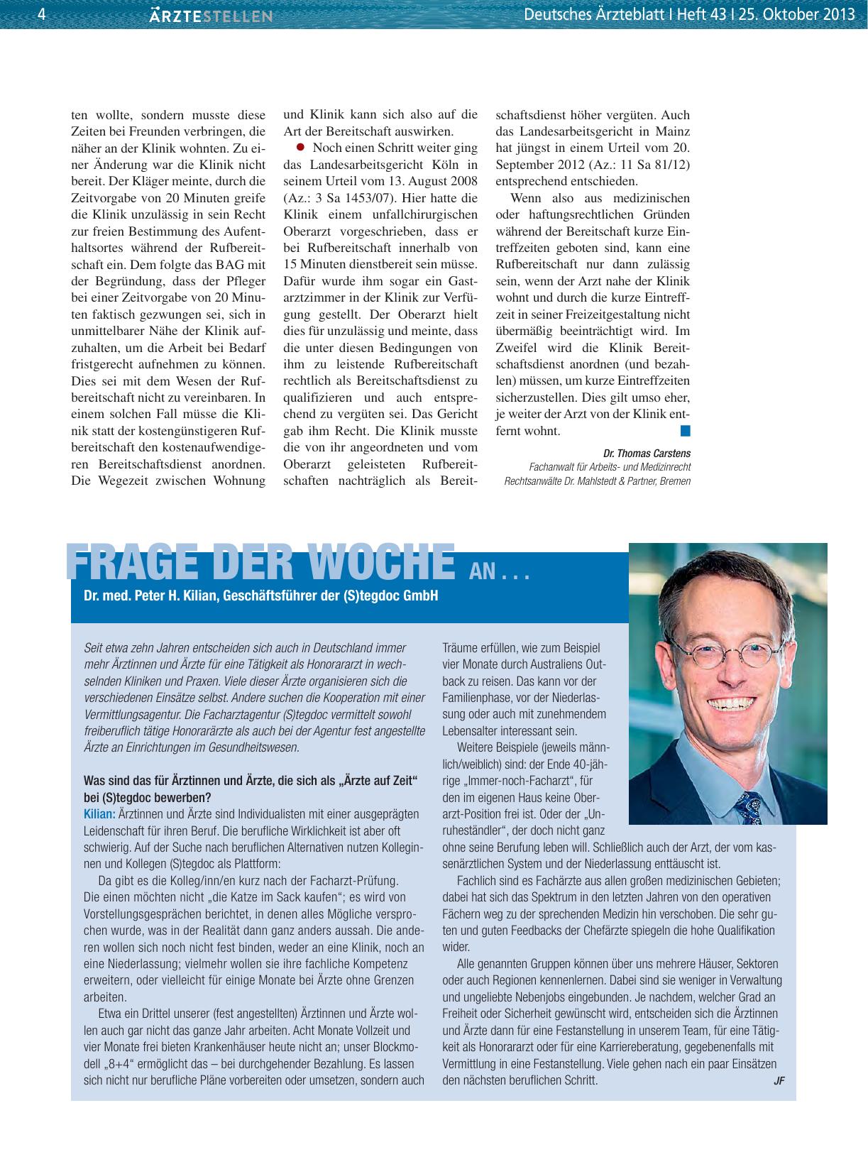 Vorschauseite 1: Frage der Woche an. .. Dr. med. Peter H. Kilian, Geschäftsführer der (S)tegdoc GmbH