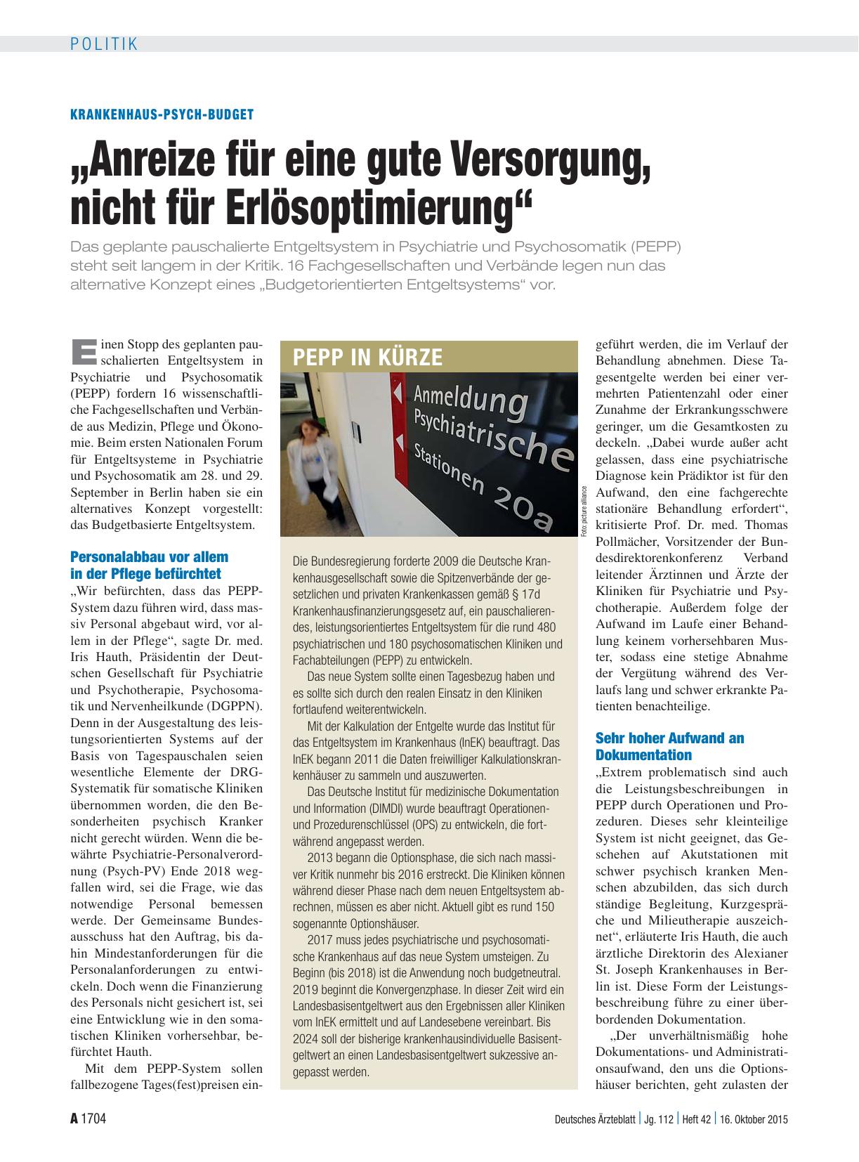 Vorschauseite 1: Krankenhaus-Psych-Budget: „Anreize für eine gute Versorgung, nicht für Erlösoptimierung“