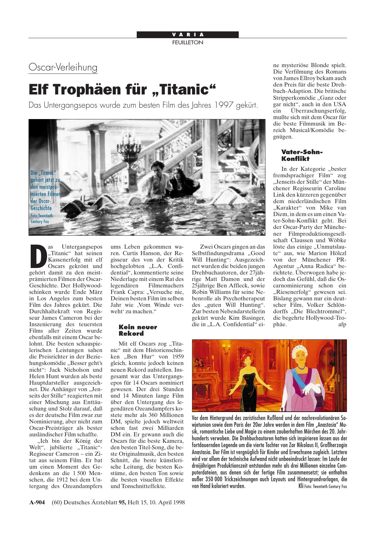 Vorschauseite 1: Oscar-Verleihung: Elf Trophäen für „Titanic“