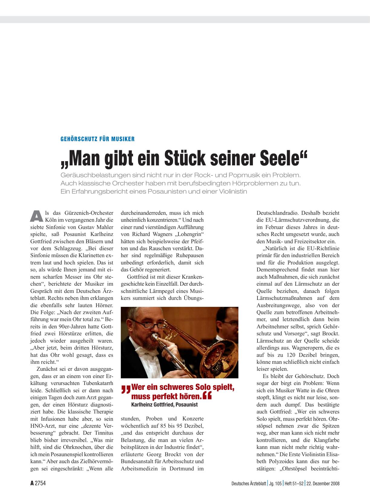 Vorschauseite 1: Gehörschutz für Musiker: „Man gibt ein Stück seiner Seele“