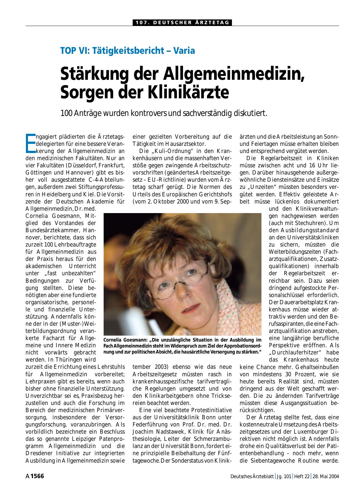 Vorschauseite 1: TOP VI: Tätigkeitsbericht – Varia - Stärkung der Allgemeinmedizin, Sorgen der Klinikärzte
