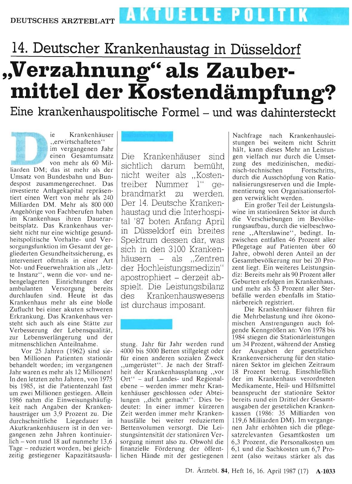 Vorschauseite 1: 14. Deutscher Krankenhaustag in Düsseldorf „Verzahnung“ als Zaubermittel der Kostendämpfung? Eine krankenhauspolitische Formel - und was dahintersteckt