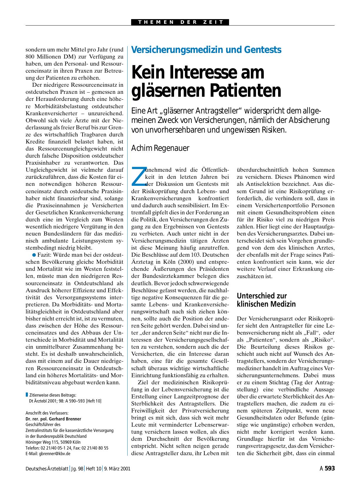 Vorschauseite 1: Versicherungsmedizin und Gentests: Kein Interesse am gläsernen Patienten