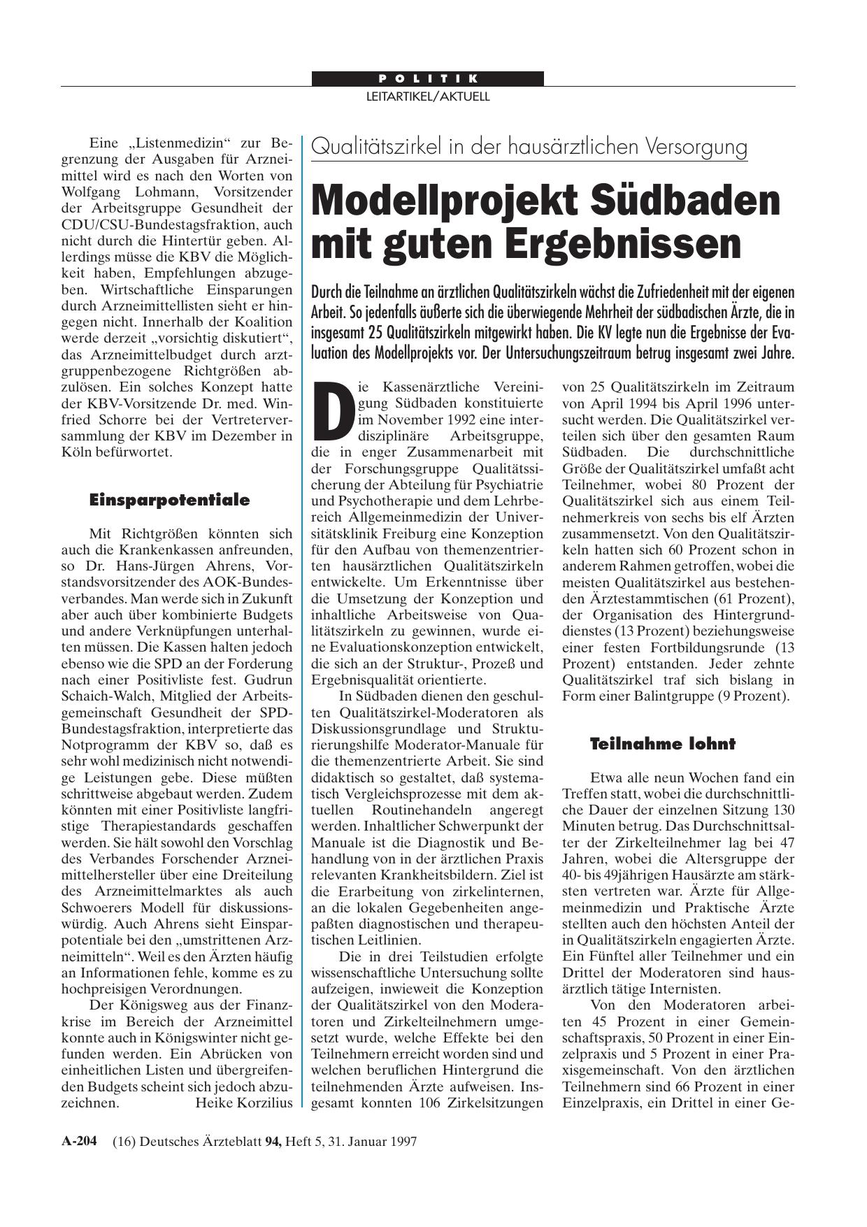 Vorschauseite 1: Qualitätszirkel in der hausärztlichen Versorgung: Modellprojekt Südbaden mit guten Ergebnissen