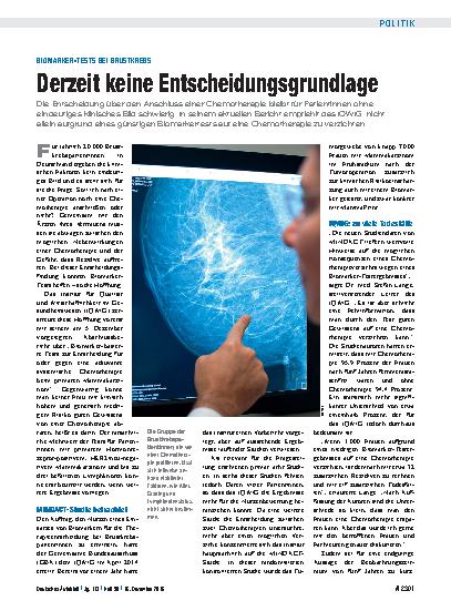 Vorschauseite 1: Biomarker-Tests bei Brustkrebs: Derzeit keine Entscheidungsgrundlage