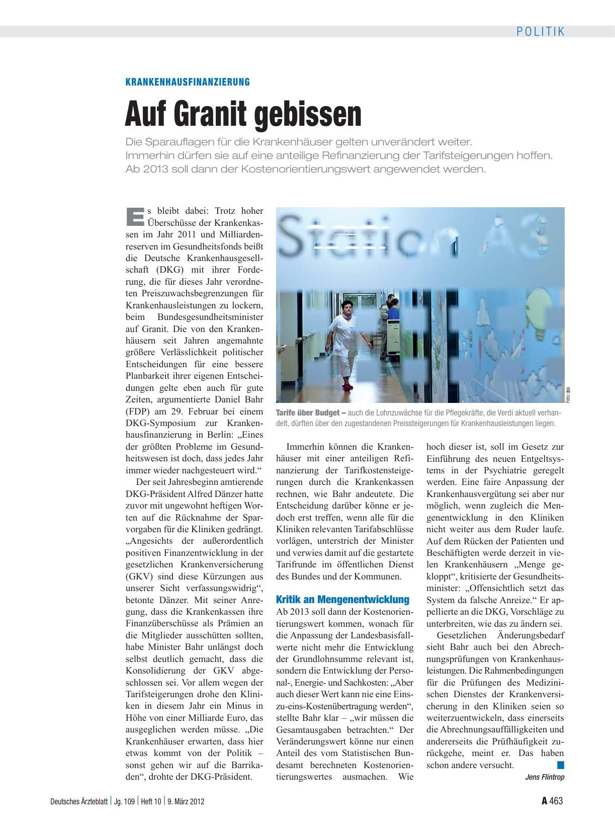 Vorschauseite 1: Krankenhausfinanzierung: Auf Granit gebissen