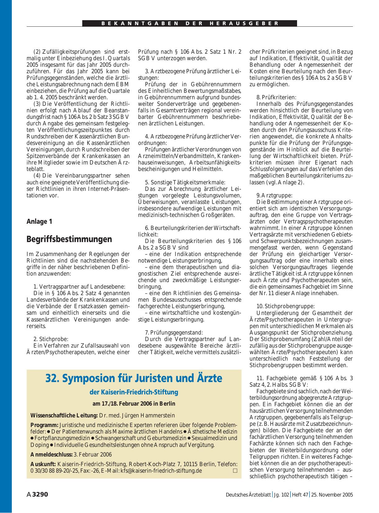 Vorschauseite 1: 32. Symposion für Juristen und Ärzte der Kaiserin-Friedrich-Stiftung am 17. /18. Februar 2006 in Berlin