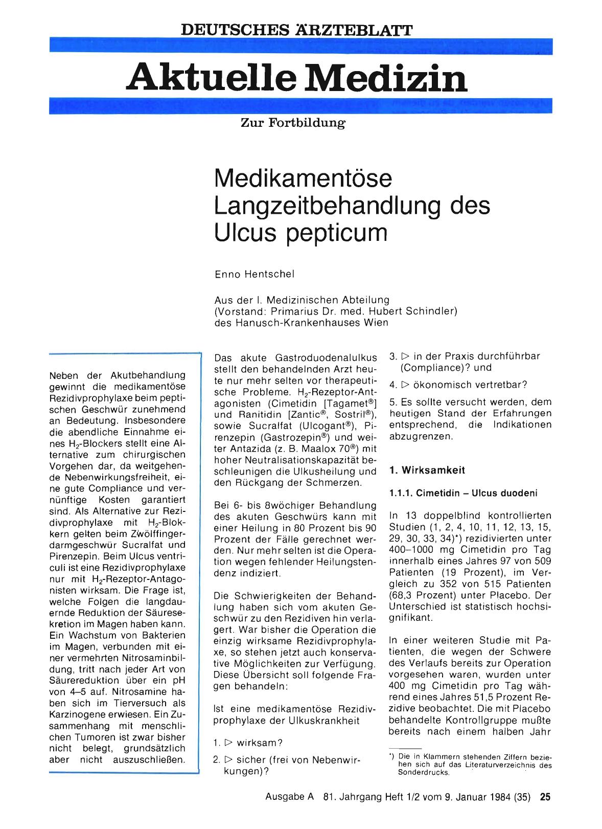 Vorschauseite 1: Medikamentöse Langzeitbehandlung des Ulcus pepticum