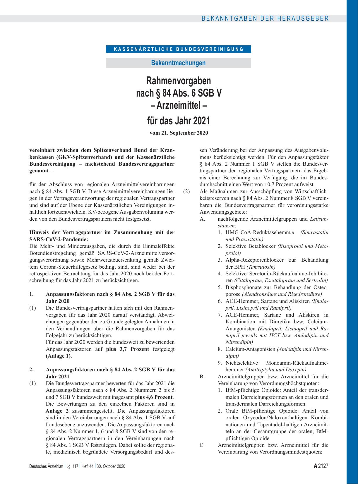Vorschauseite 1: Rahmenvorgaben nach § 84 Abs. 6 SGB V – Arzneimittel – für das Jahr 2021