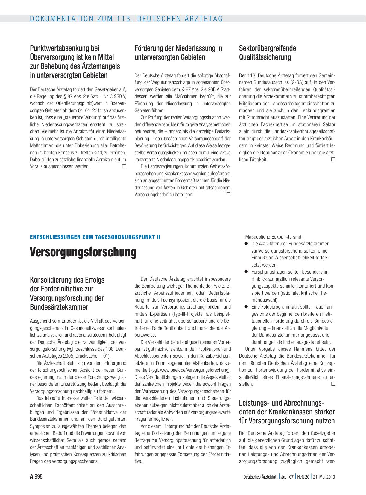Vorschauseite 1: Entschliessungen zum Tagesordnungspunkt II: Versorgungsforschung