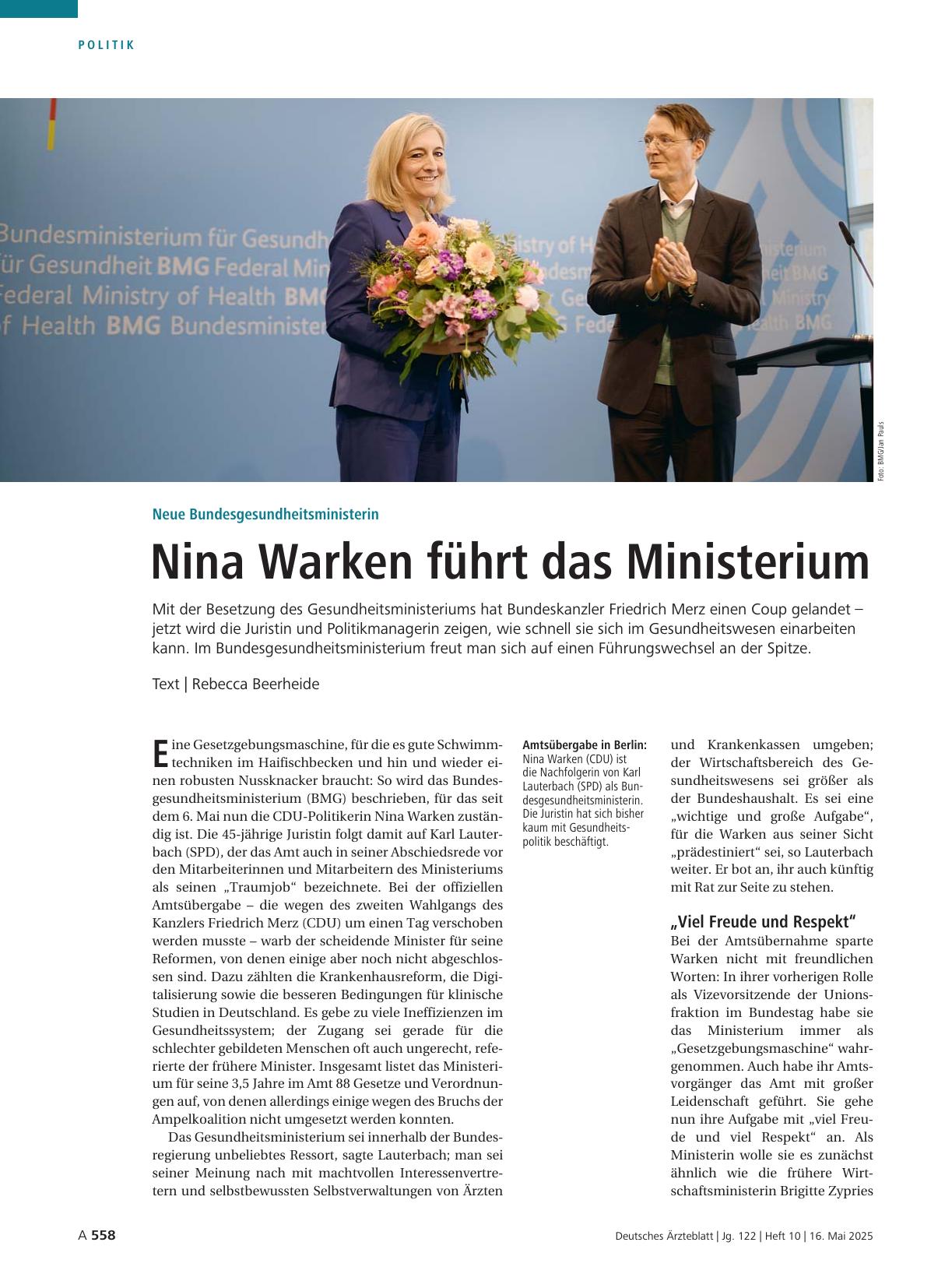 Vorschauseite 1: Neue Bundesgesundheitsministerin: Nina Warken führt das Ministerium
