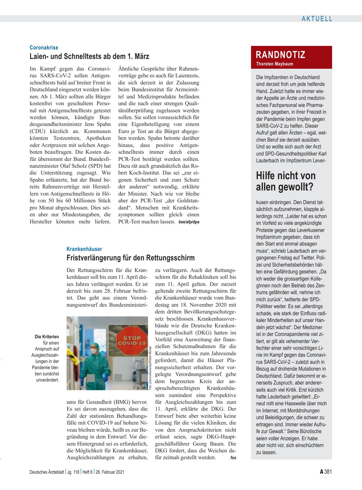 Vorschauseite 1: Krankenhäuser: Fristverlängerung für den Rettungsschirm