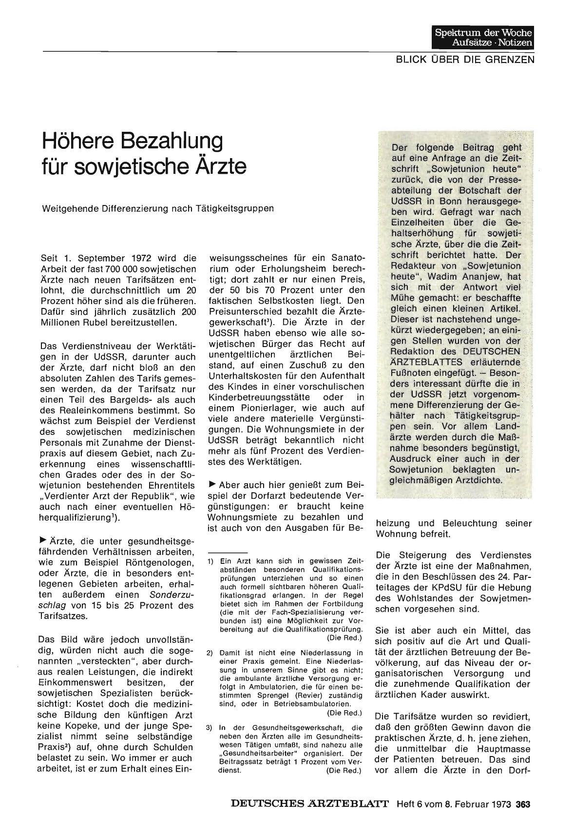Vorschauseite 1: Höhere Bezahlung für sowjetische Ärzte: Weitgehende Differenzierung nach Tätigkeitsgruppen