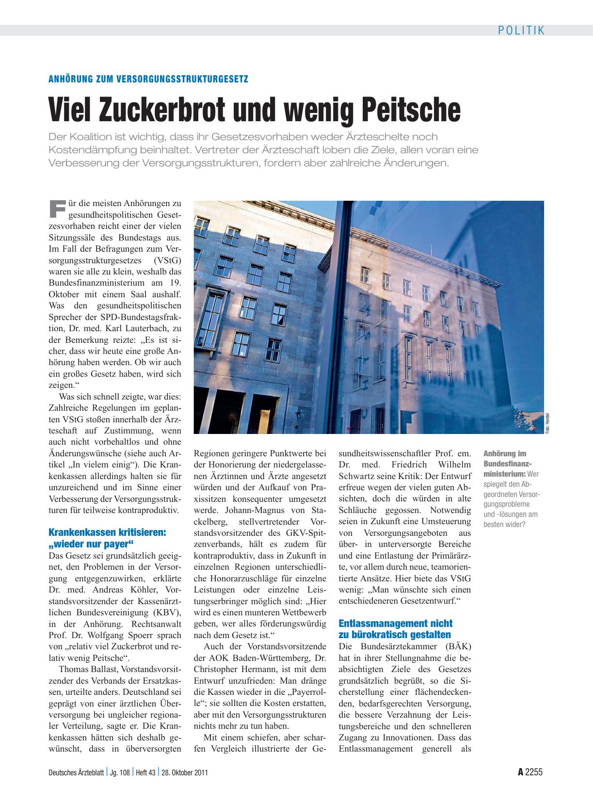 Vorschauseite 1: Anhörung zum Versorgungsstrukturgesetz: Viel Zuckerbrot und wenig Peitsche