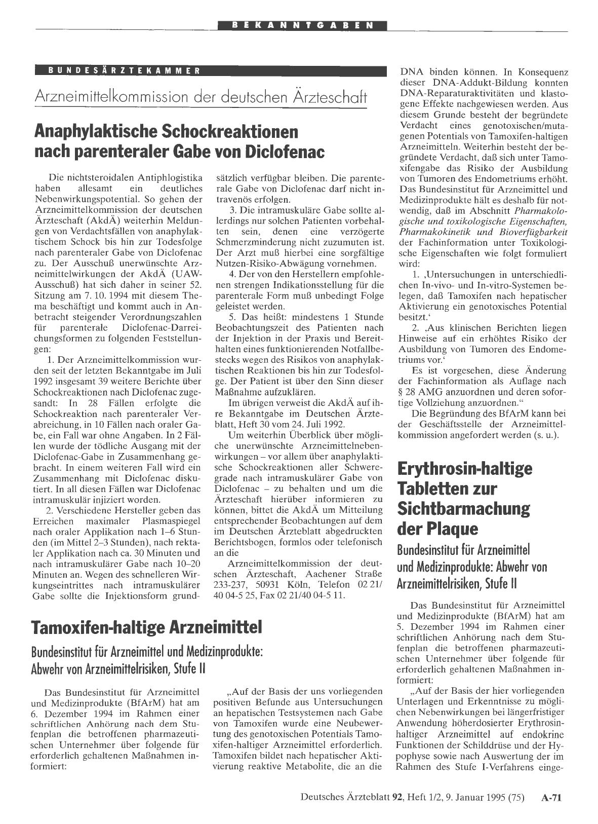 Vorschauseite 1: Arzneimittelkommission der deutschen Ärzteschaft: Anaphylaktische Schockreaktionen nach parenteraler Gabe von Diclofenac