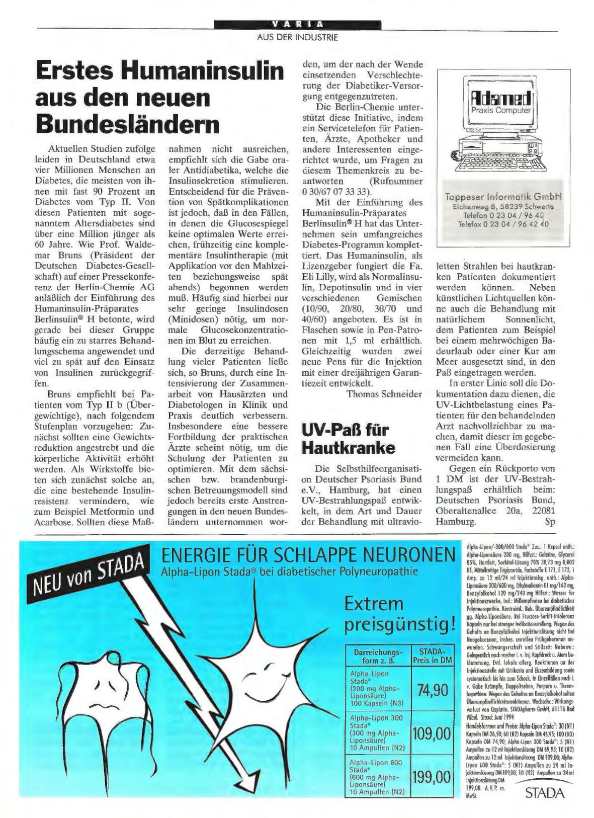 Vorschauseite 1: Erstes Humaninsulin aus den neuen Bundesländern