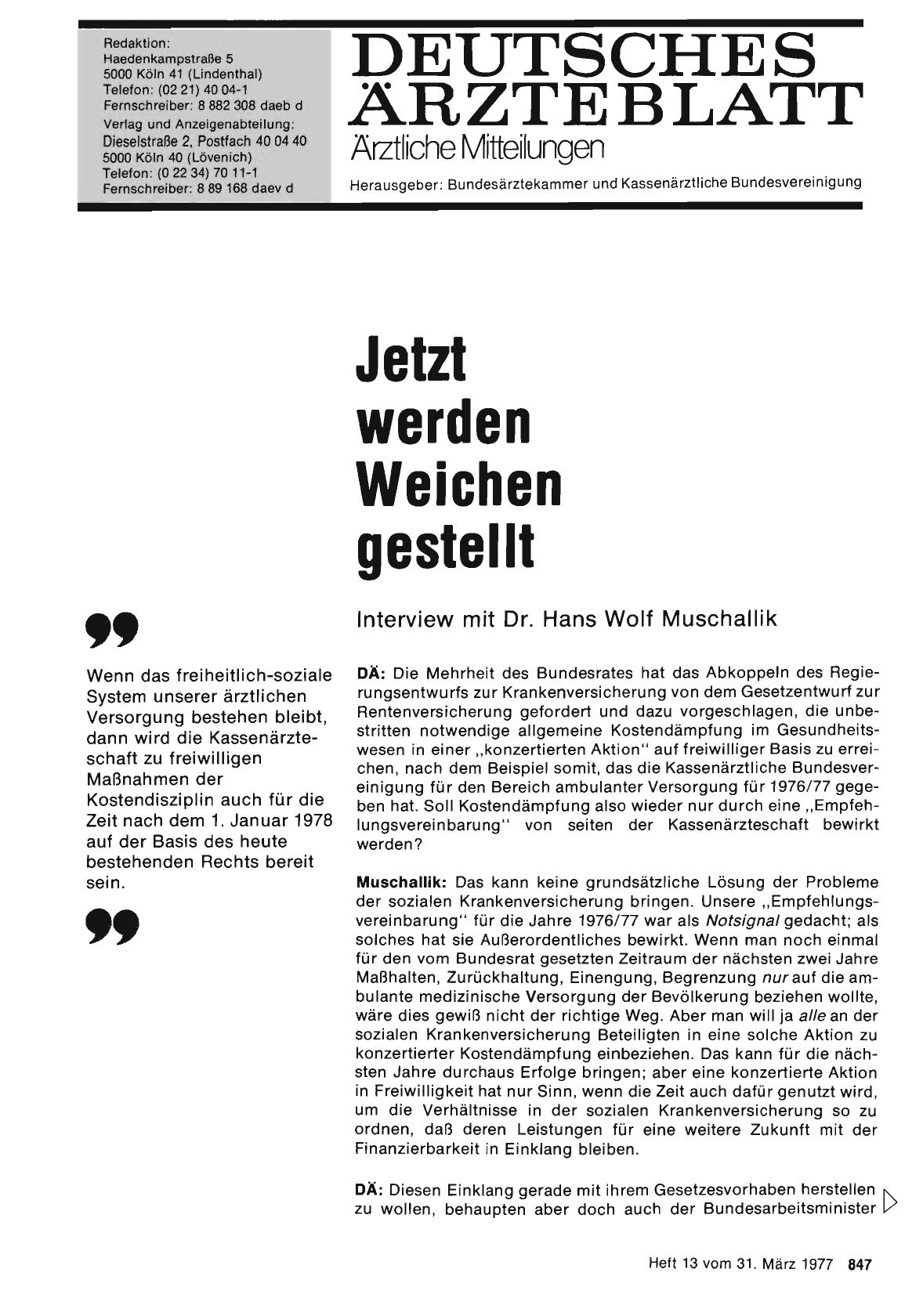 Vorschauseite 1: Jetzt werden Weichen gestellt: Interview mit Dr. Hans Wolf Muschallik