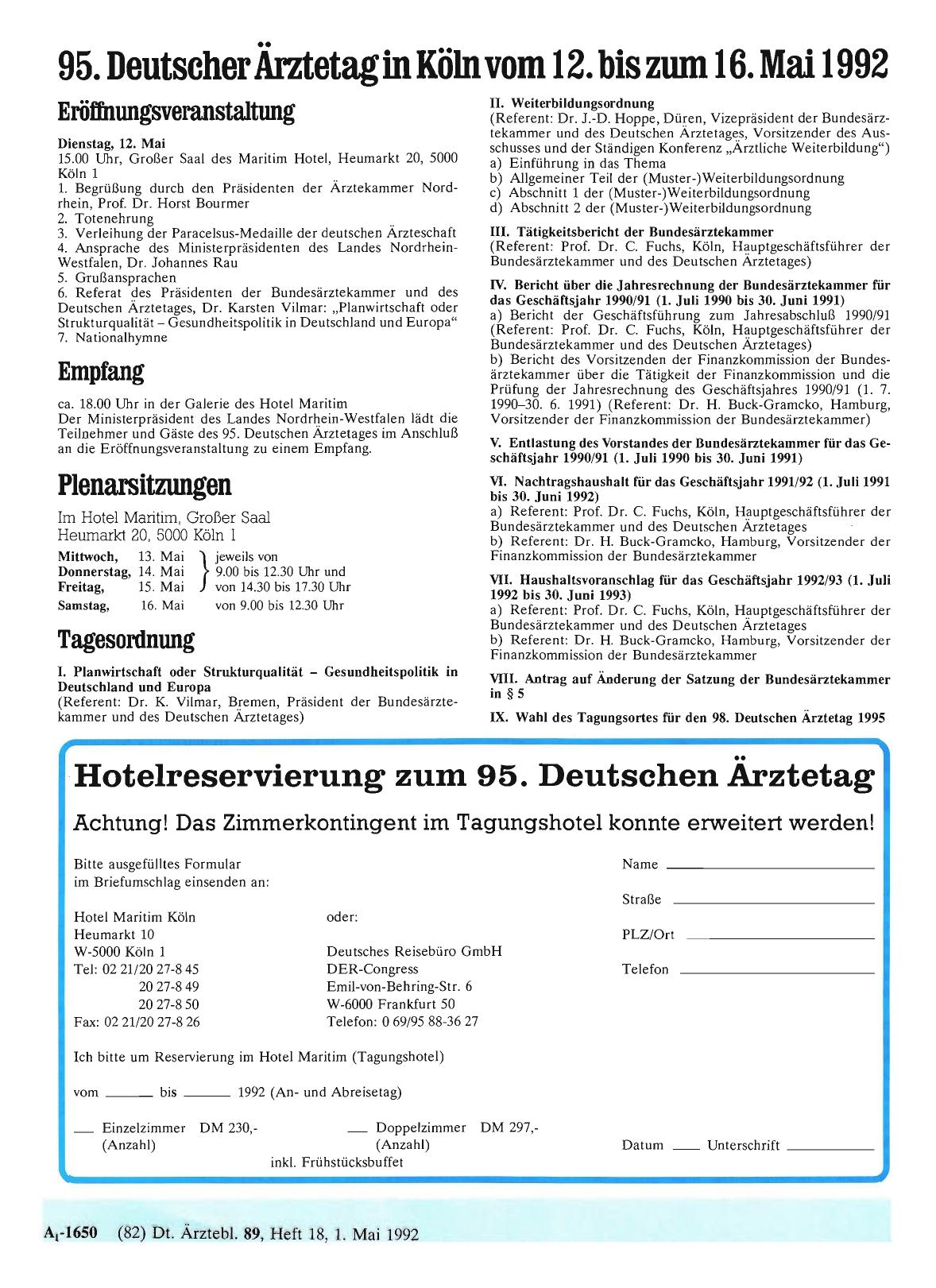 Vorschauseite 1: 95. Deutscher Ärztetag in Köln vom 12. bis zum 16. Mai 1992