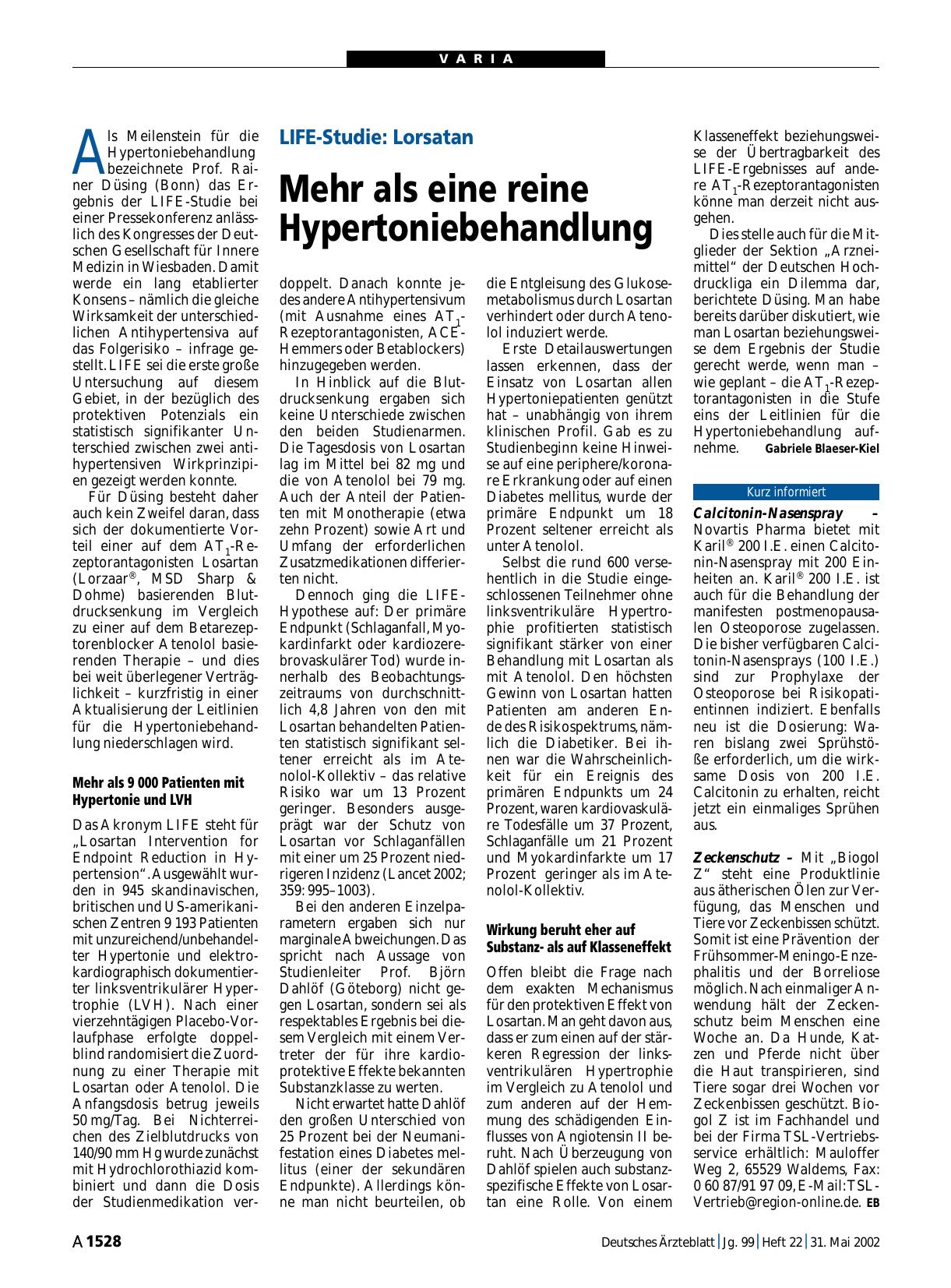 Vorschauseite 1: LIFE-Studie: Lorsatan - Mehr als eine reine Hypertoniebehandlung