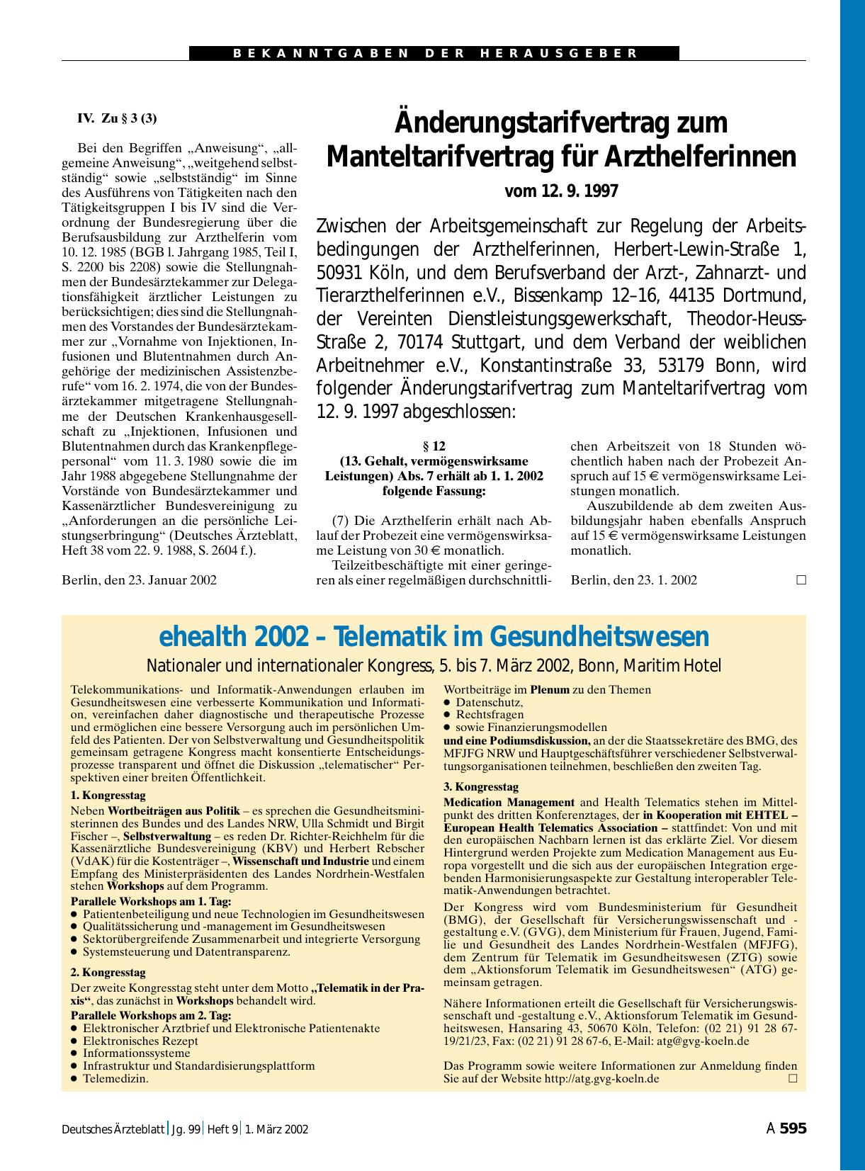 Vorschauseite 1: Änderungstarifvertrag zum Manteltarifvertrag für Arzthelferinnen: vom 12. 9. 1997