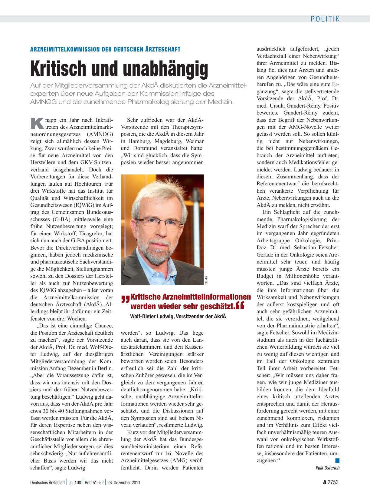 Vorschauseite 1: Arzneimittelkommission der deutschen Ärzteschaft: Kritisch und unabhängig