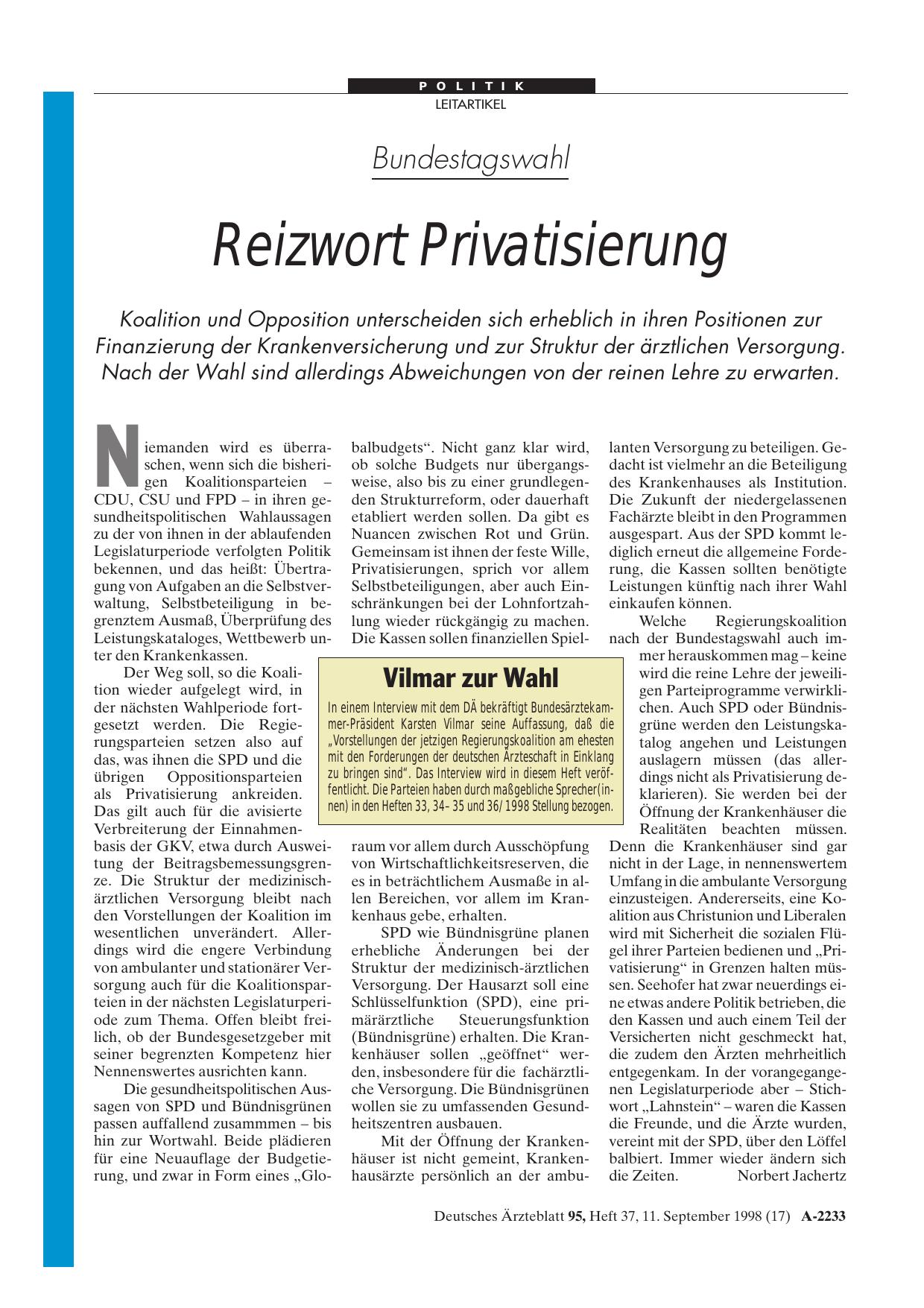 Vorschauseite 1: Bundestagswahl: Reizwort Privatisierung