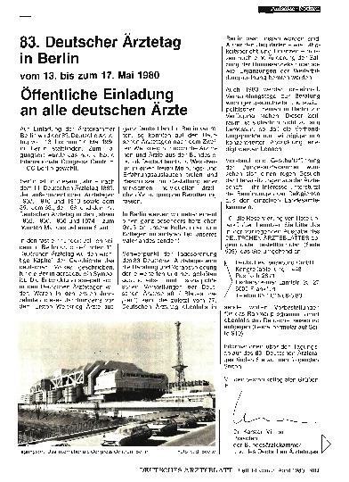 Vorschauseite 1: 83. Deutscher Ärztetag in Berlin vom 13. bis zum 17. Mai 1980: Öffentliche Einladung an alle deutschen Ärzte