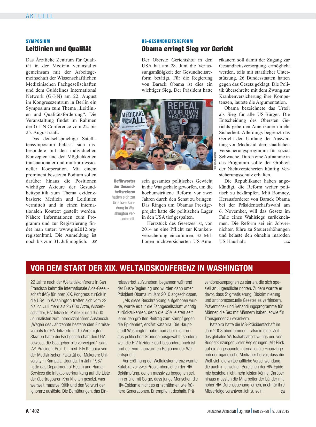 Vorschauseite 1: Vor dem Start der XIX. Weltaidskonferenz in Washington