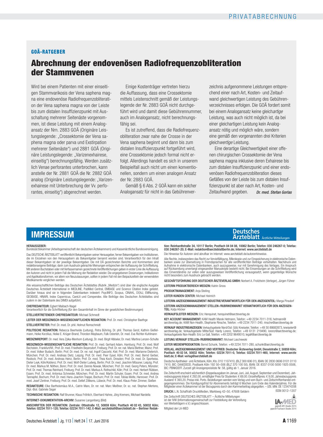 Vorschauseite 1: GOÄ-Ratgeber: Abrechnung der endovenösen Radiofrequenzobliteration der Stammvenen