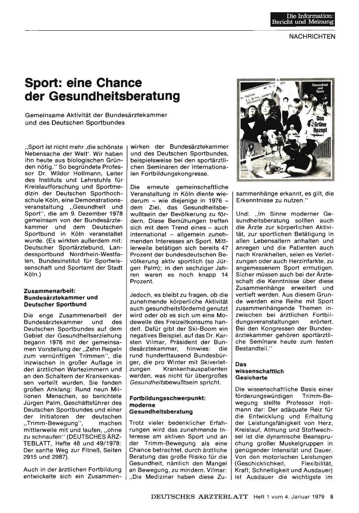 Vorschauseite 1: Sport: eine Chance der Gesundheitsberatung — Gemeinsame Aktivität der Bundesärztekammer und des Deutschen Sportbundes